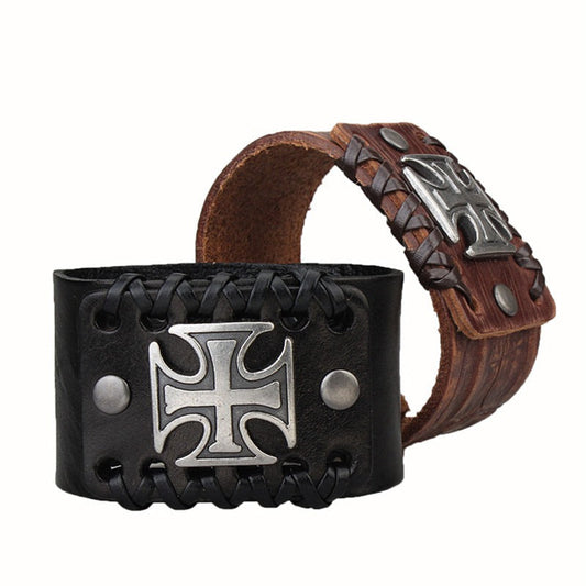Rock Fashion 4.4CM Wide Brown and Black Leather Bracelet with Celtic Cross on Front