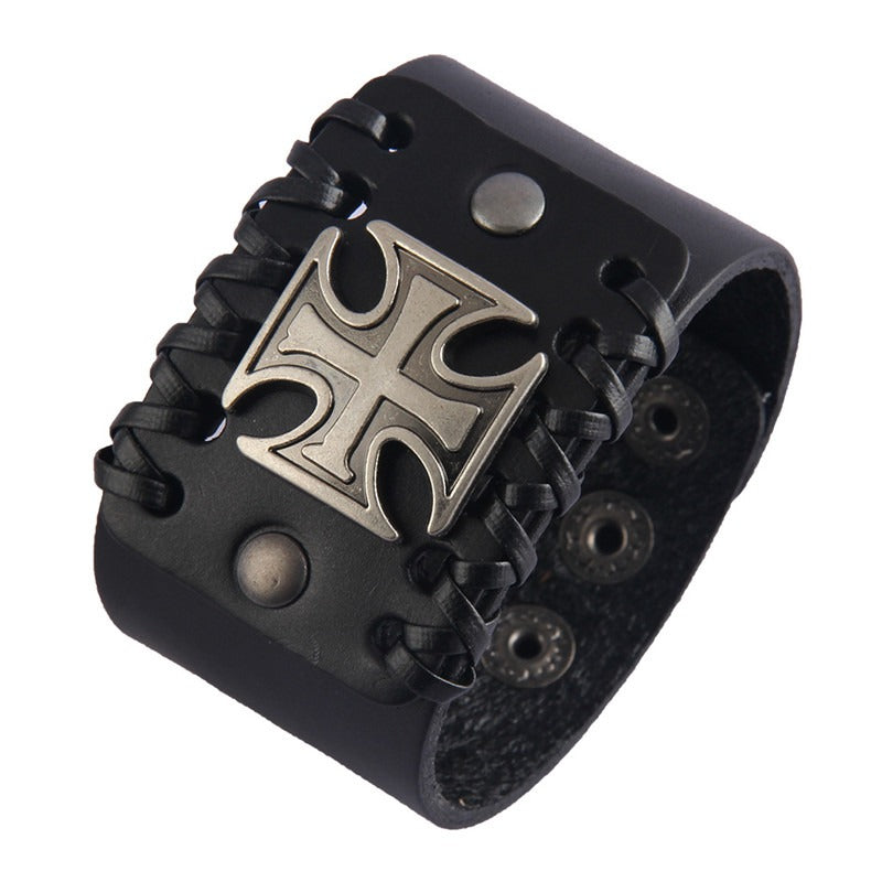 Rock Fashion 4.4CM Wide Brown and Black Leather Bracelet with Celtic Cross on Front