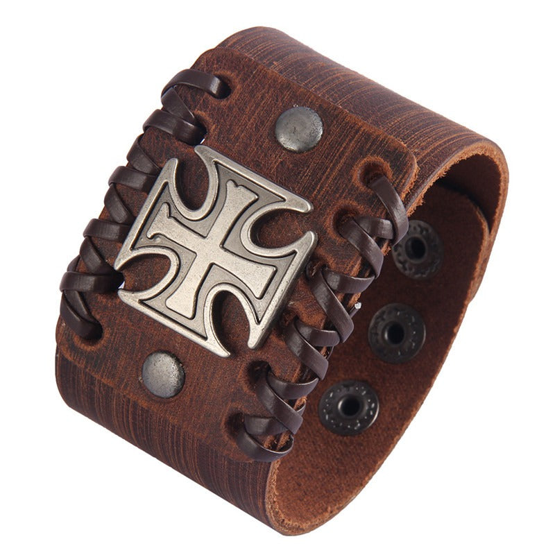 Rock Fashion 4.4CM Wide Brown and Black Leather Bracelet with Celtic Cross on Front