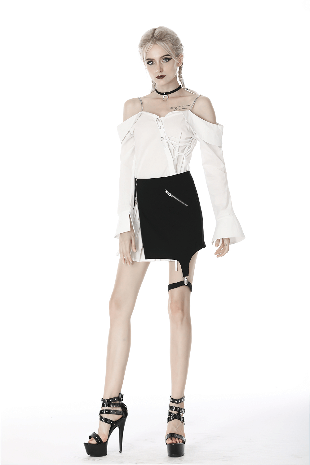 Black and White Punk Mini Skirt with Leg Loop Zipper