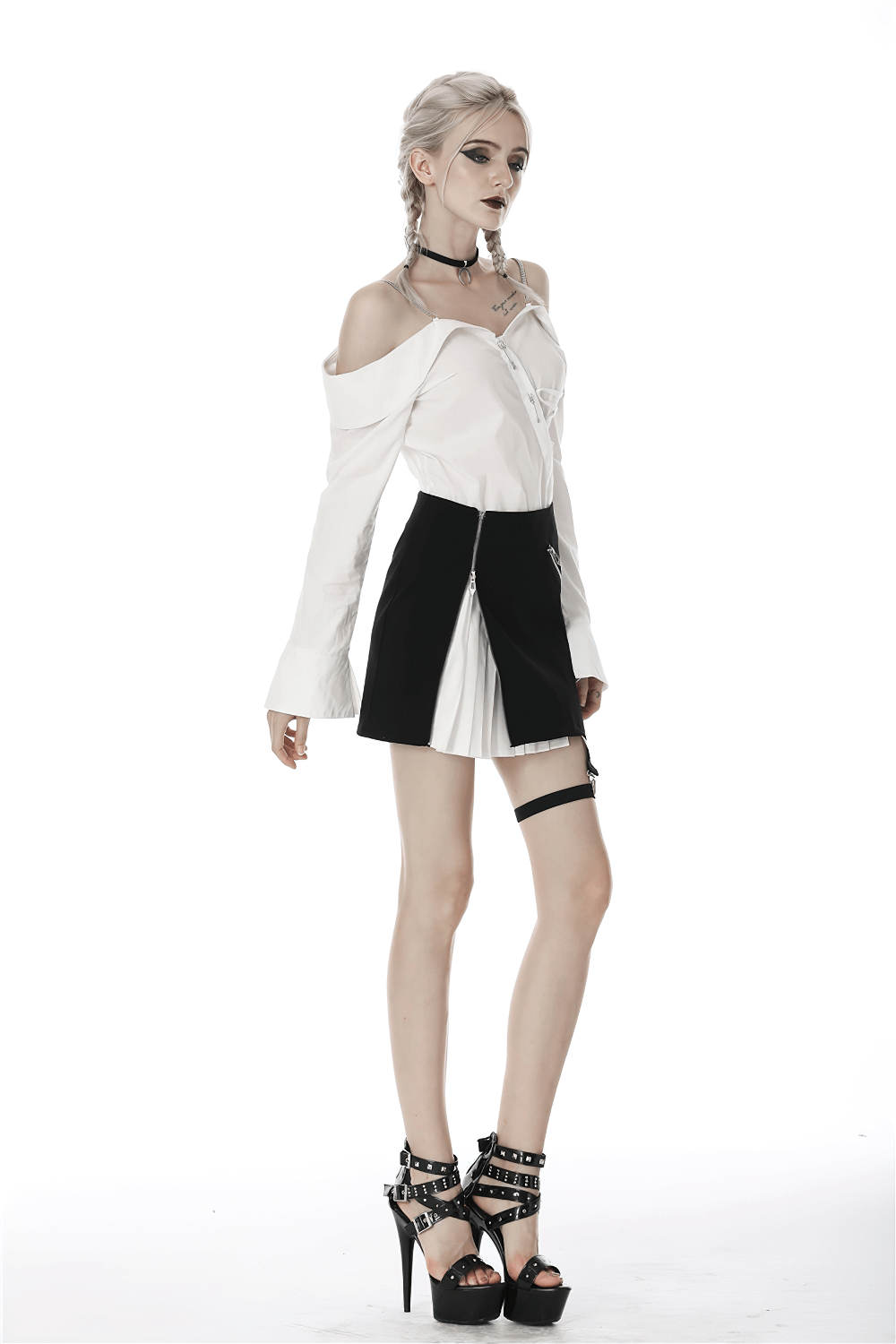 Black and White Punk Mini Skirt with Leg Loop Zipper