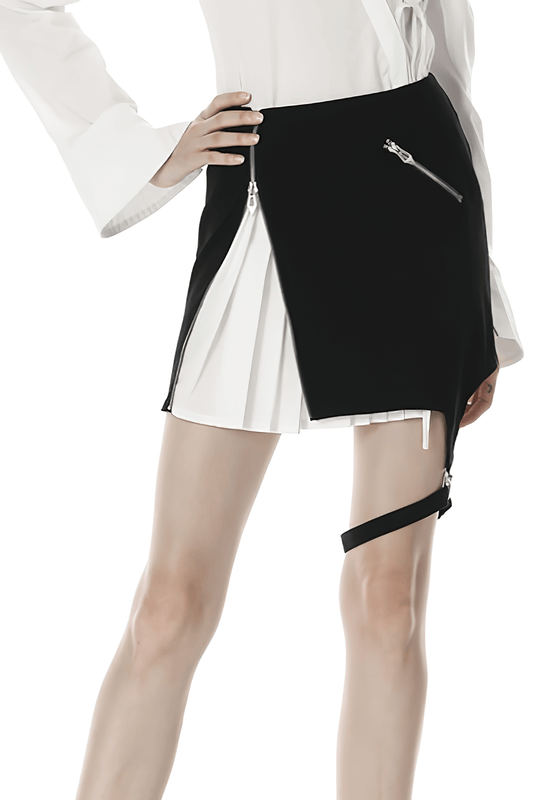 Black and White Punk Mini Skirt with Leg Loop Zipper