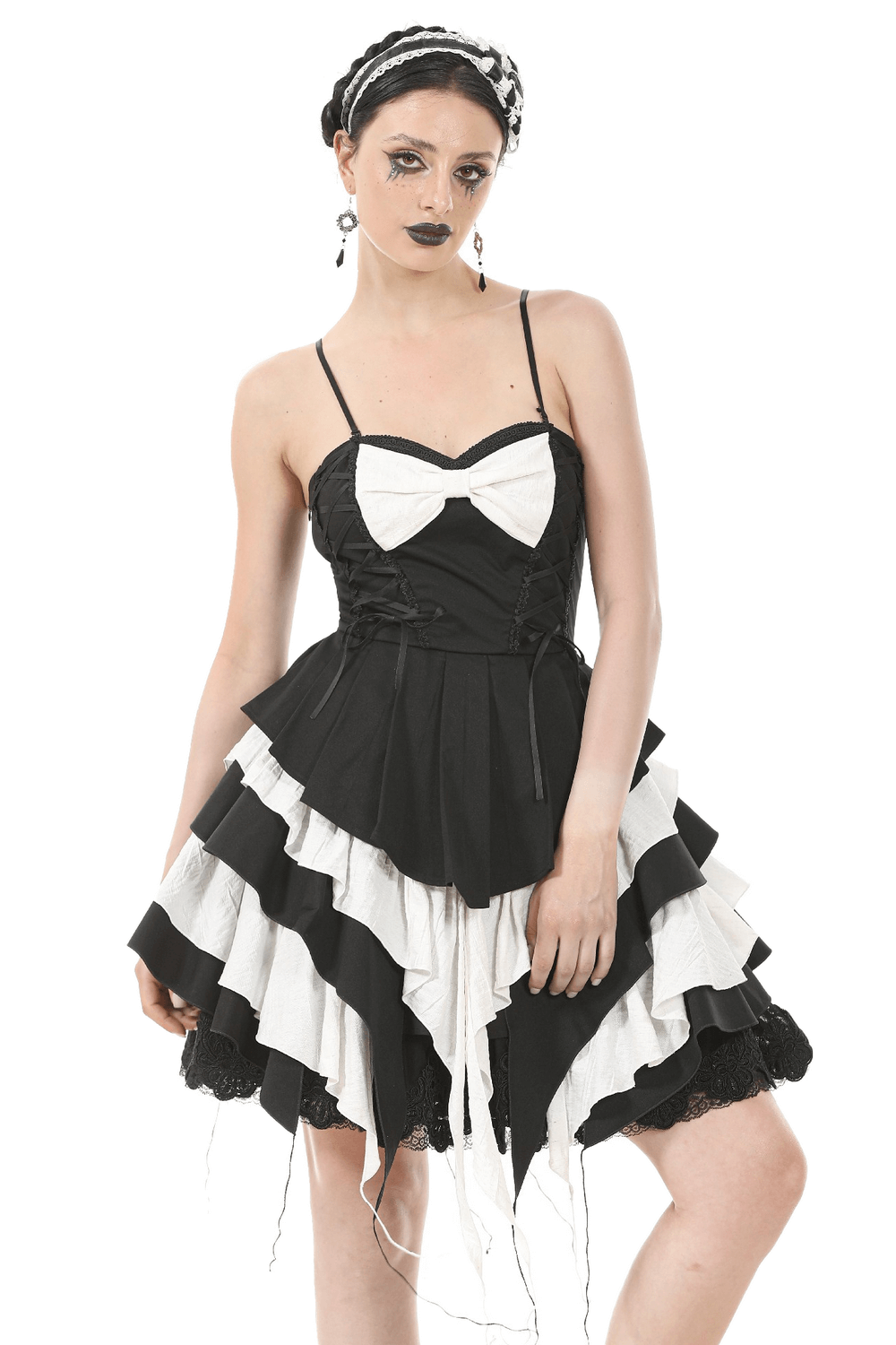 Black and White Ruffled Gothic Dress with Lace and Bow