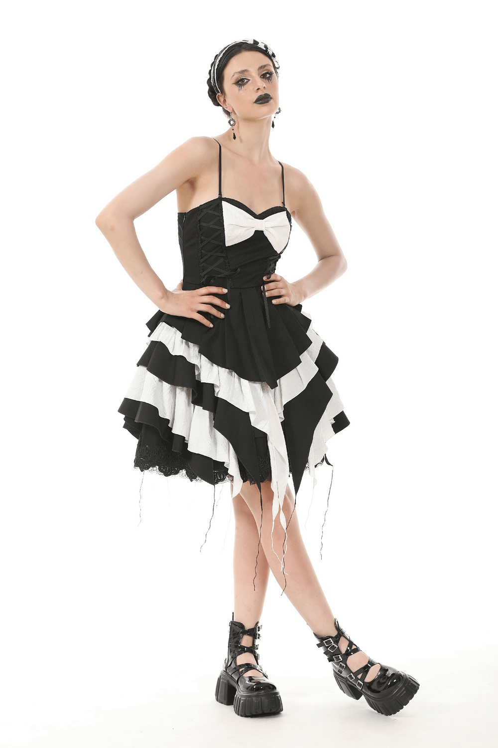 Black and White Ruffled Gothic Dress with Lace and Bow