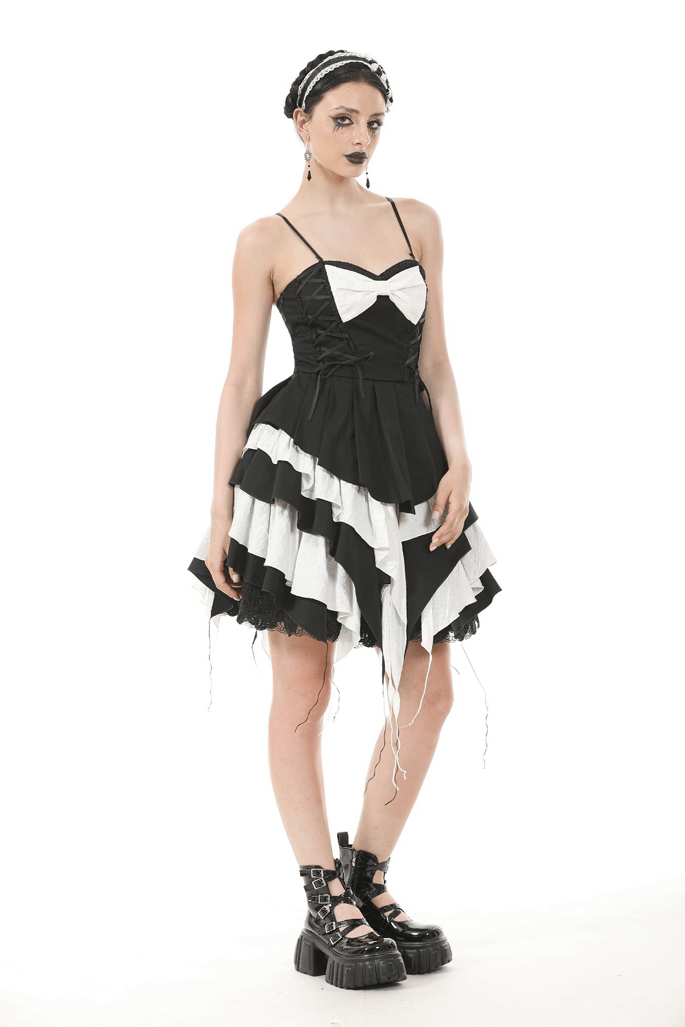 Black and White Ruffled Gothic Dress with Lace and Bow