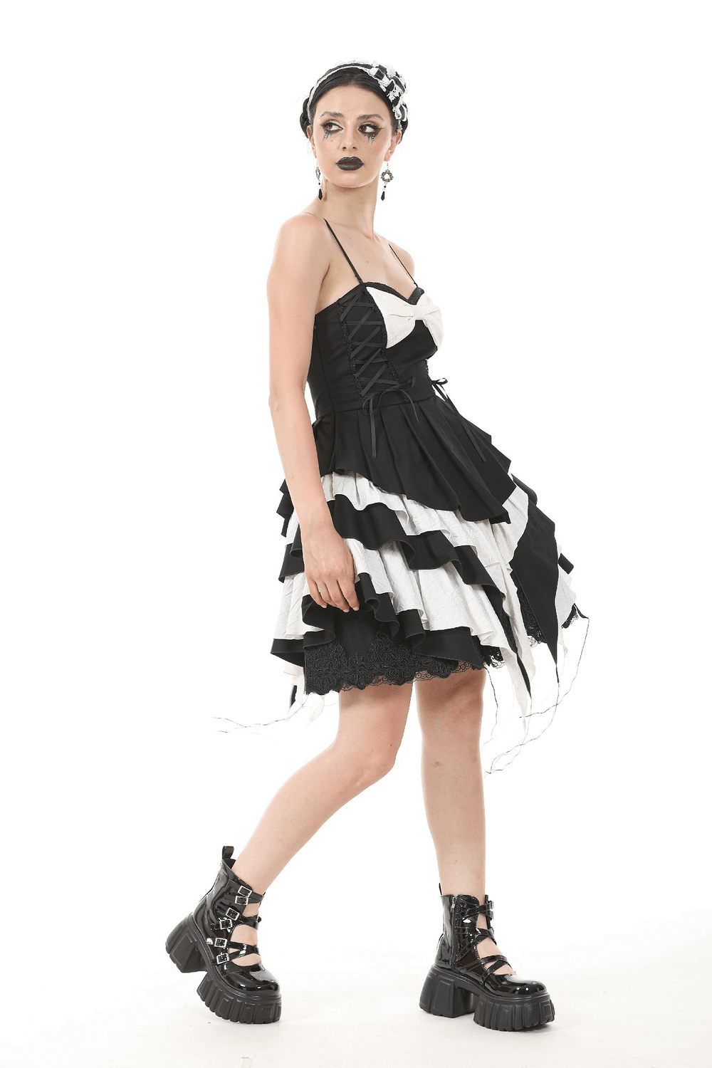 Black and White Ruffled Gothic Dress with Lace and Bow