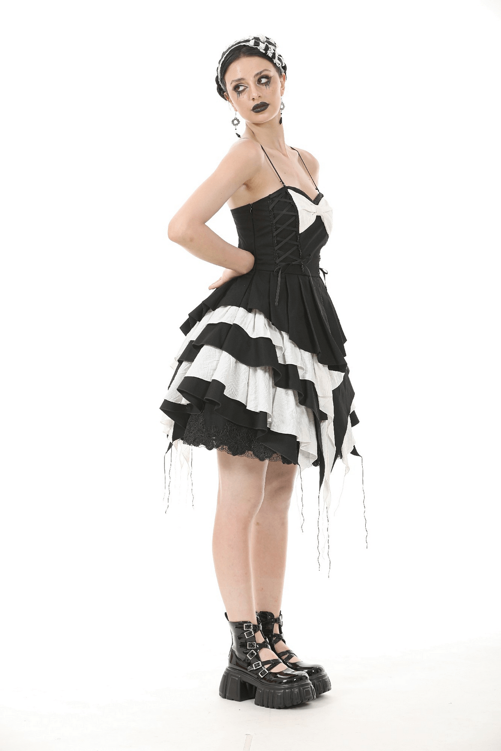 Black and White Ruffled Gothic Dress with Lace and Bow
