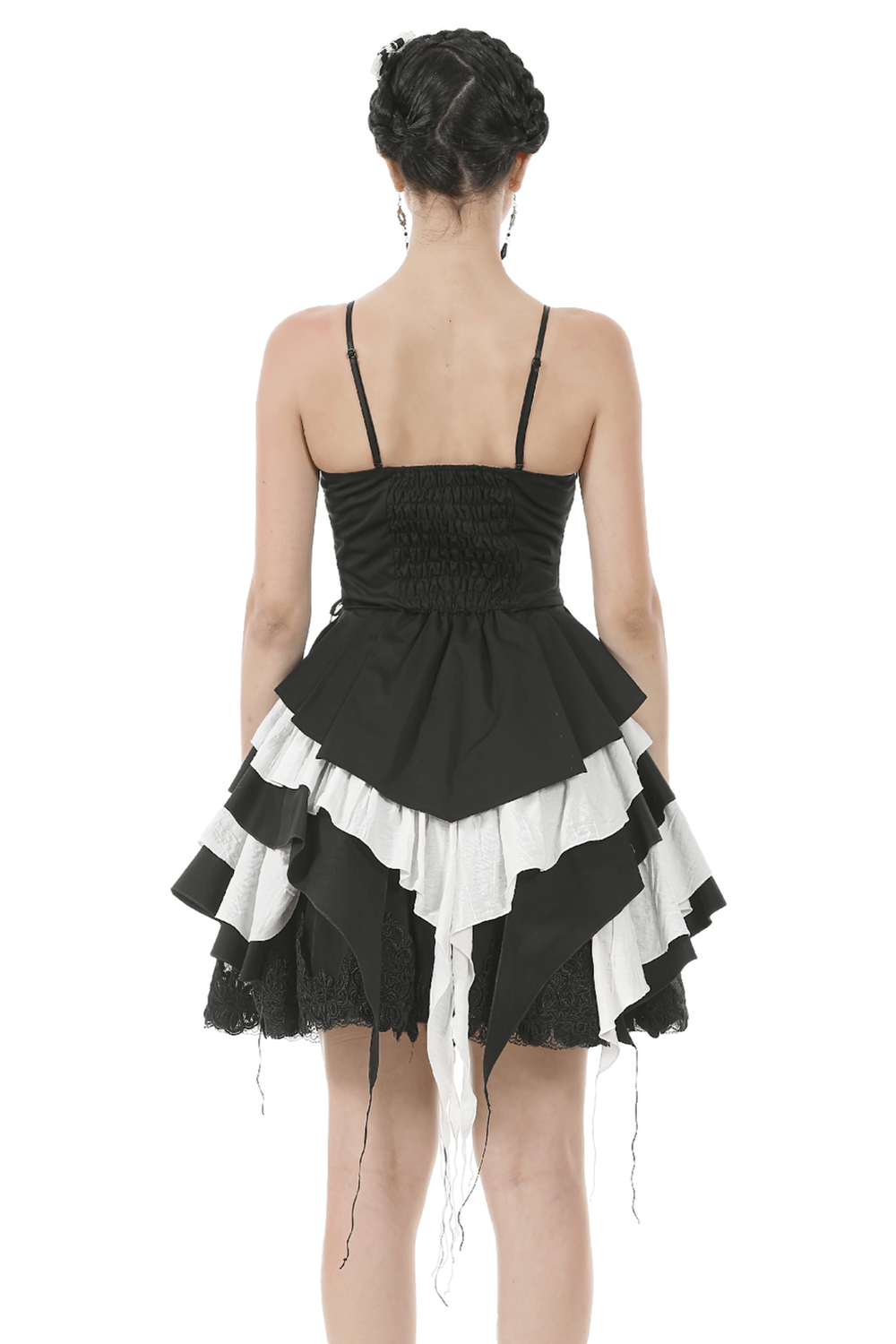 Black and White Ruffled Gothic Dress with Lace and Bow