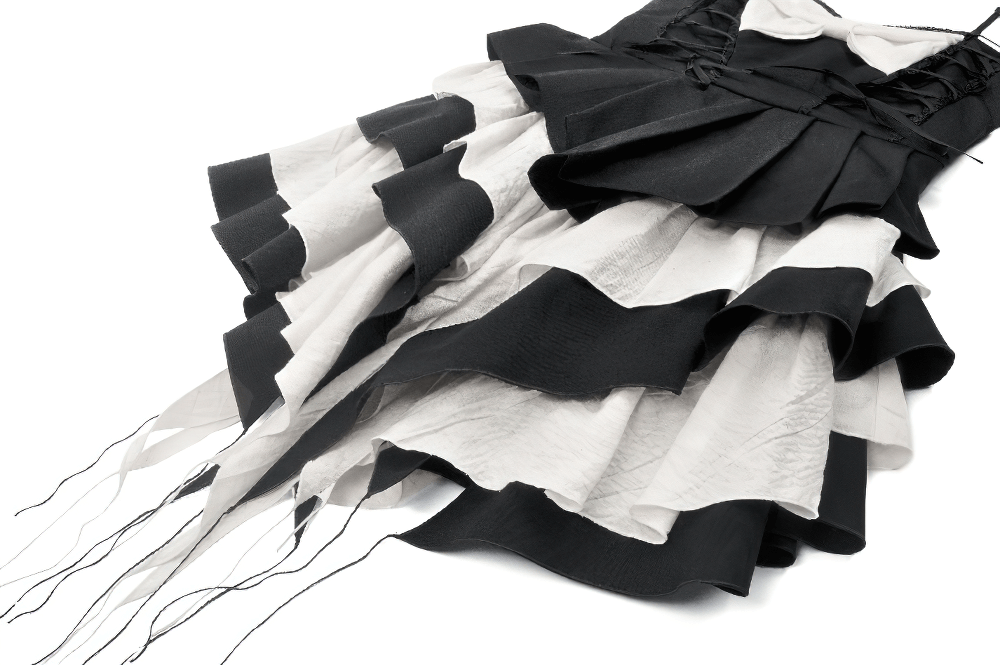 Black and White Ruffled Gothic Dress with Lace and Bow