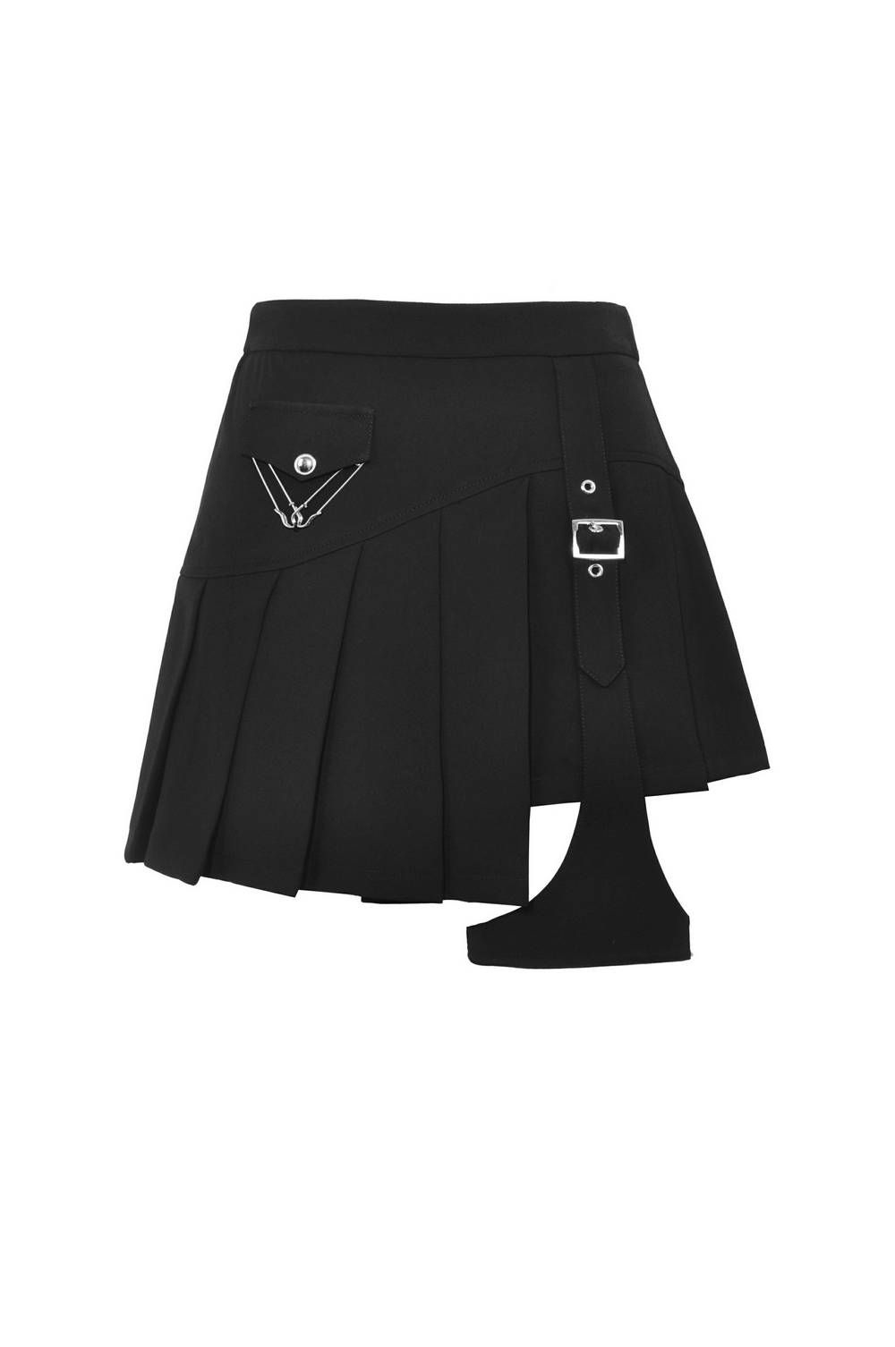 Black Asymmetrical Pleated Punk Skirt with Safety Pins