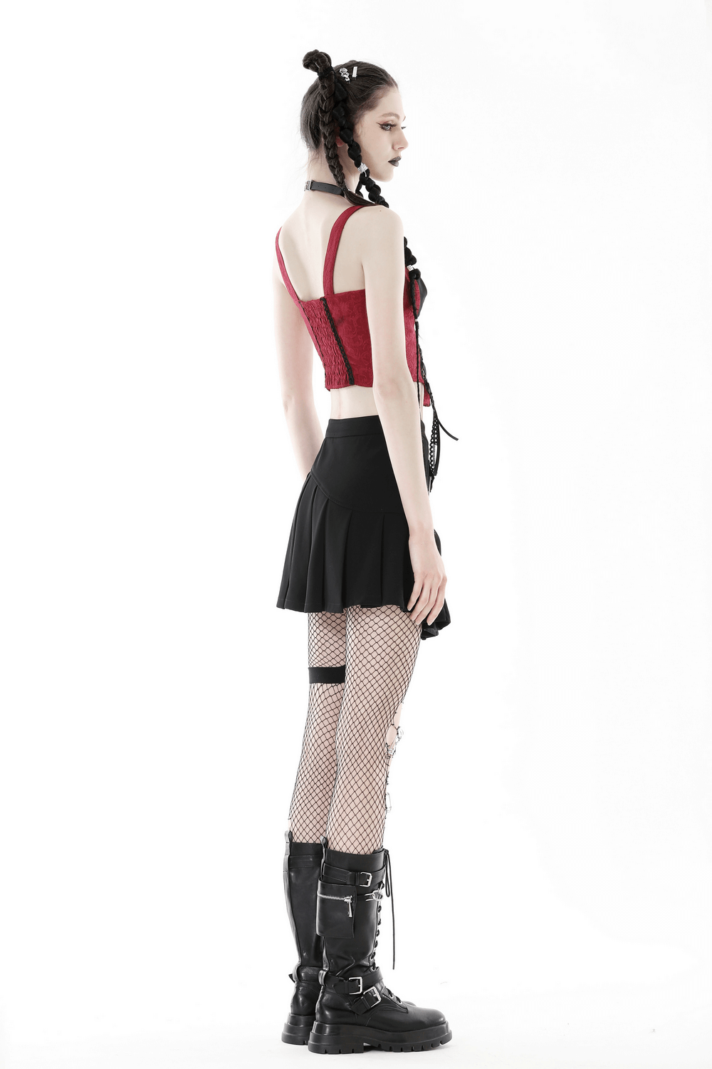 Black Asymmetrical Pleated Punk Skirt with Safety Pins