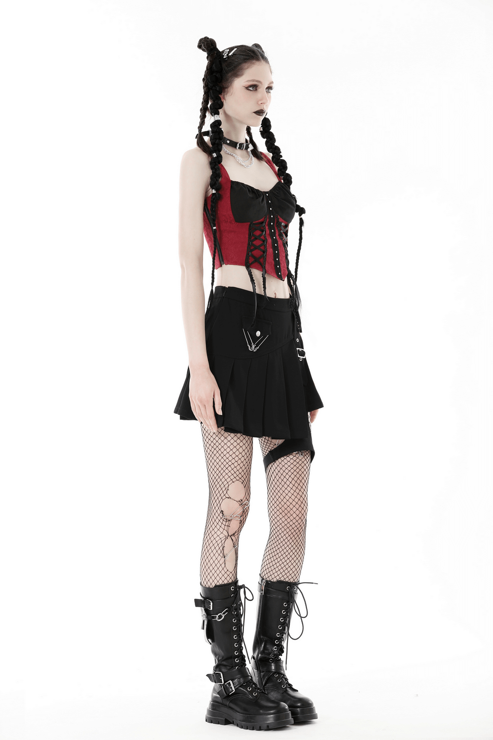 Black Asymmetrical Pleated Punk Skirt with Safety Pins