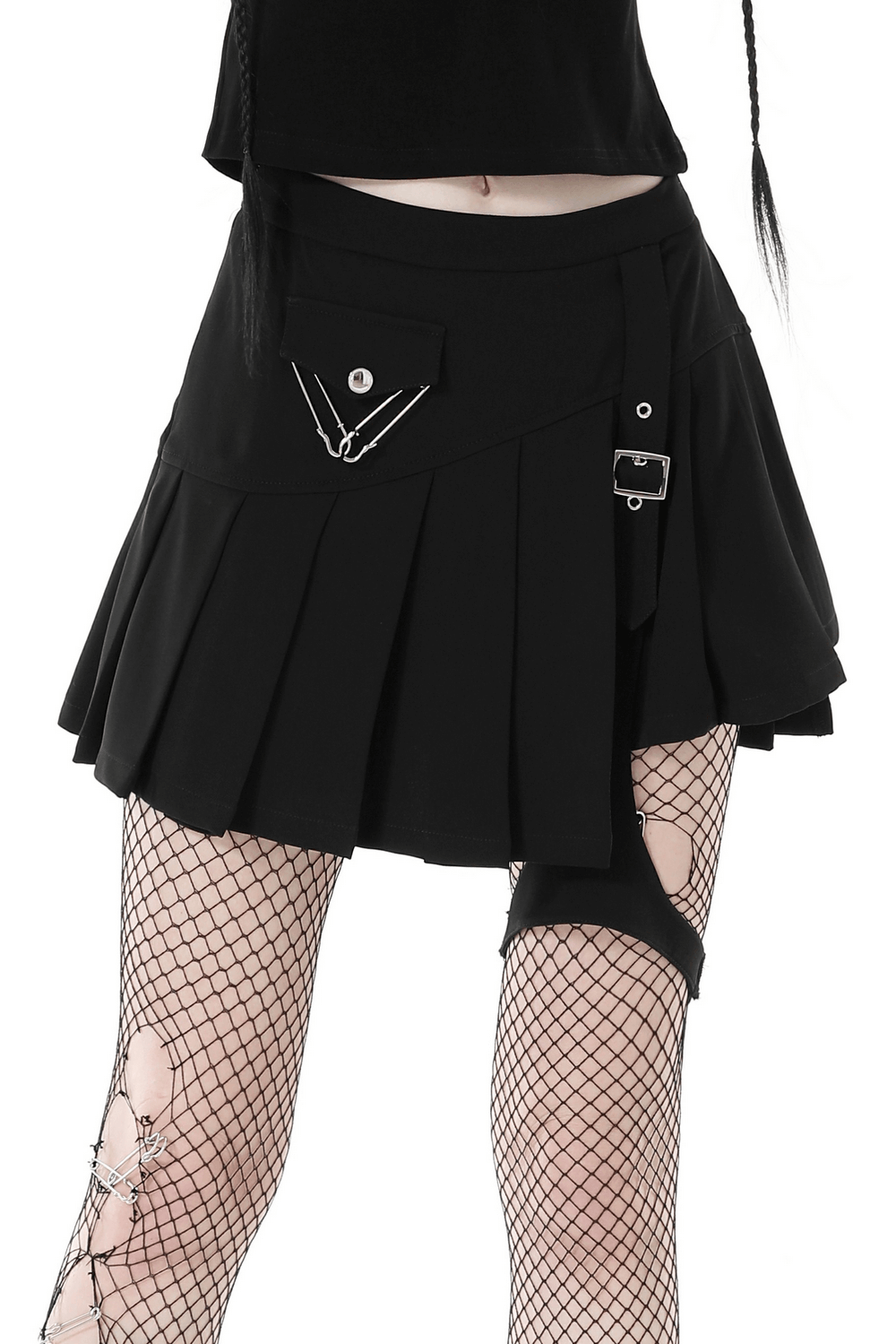 Black Asymmetrical Pleated Punk Skirt with Safety Pins