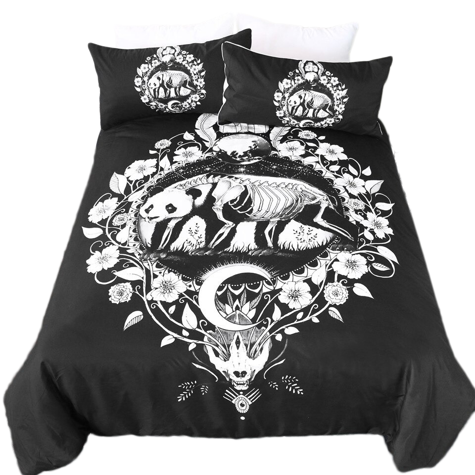 Black Bedding Set With Panda Skeleton Print / Unisex Bedclothes Sets / Fashion Home Textiles
