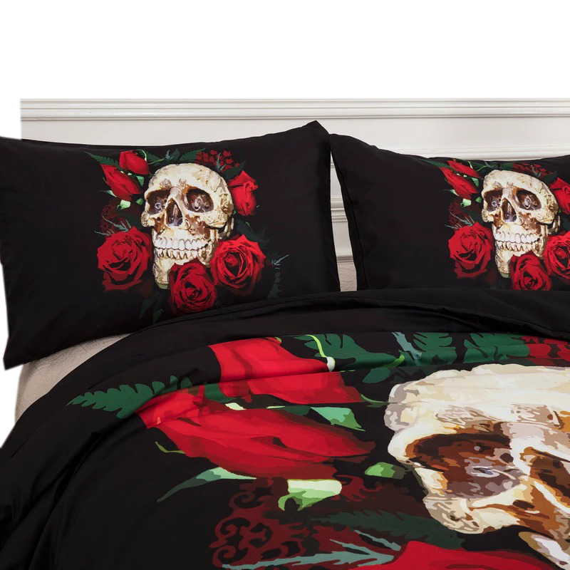 Black Bedding Set With Skull & Rose Print / Unisex Bedclothes Sets / Fashion Home Textiles