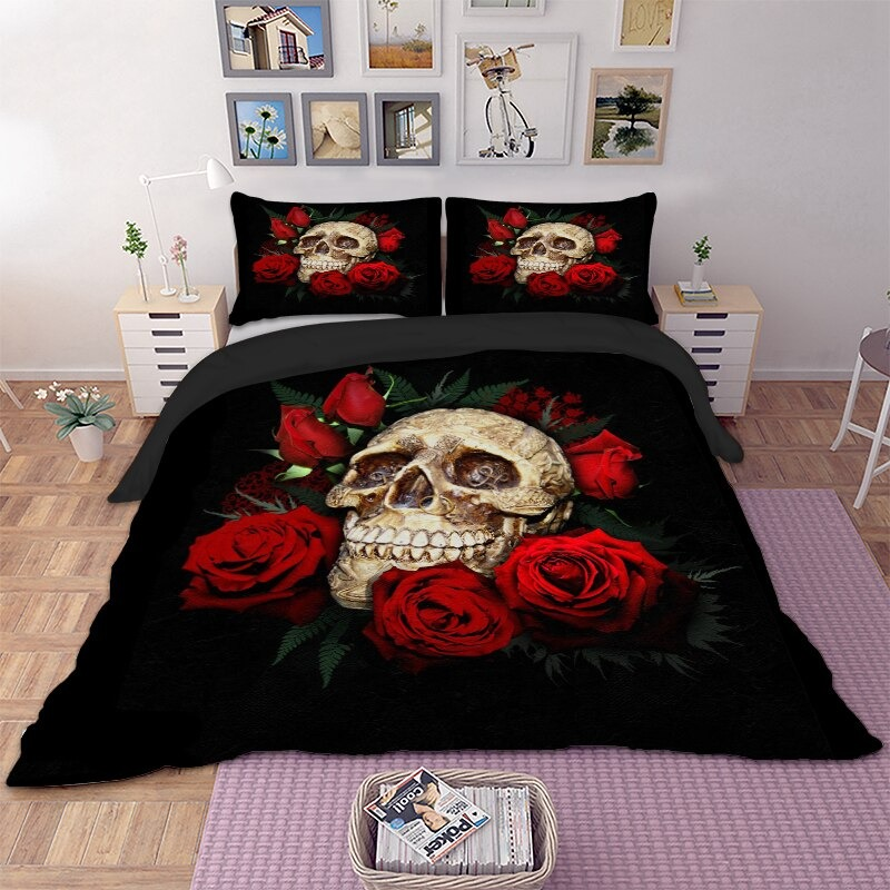 Black Bedding Set With Skull & Rose Print / Unisex Bedclothes Sets / Fashion Home Textiles