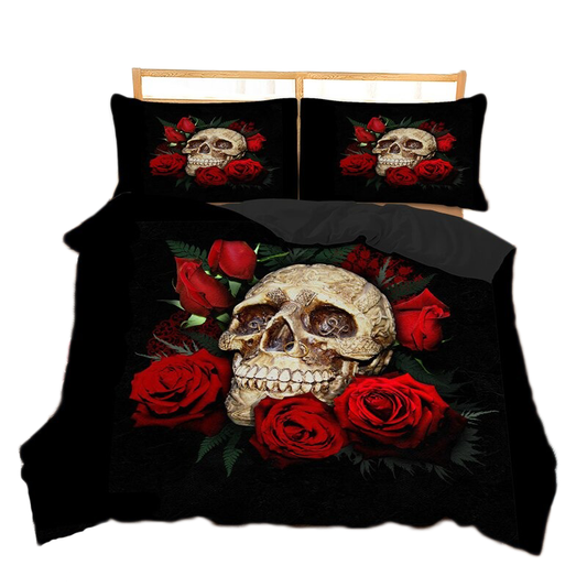 Black Bedding Set With Skull & Rose Print / Unisex Bedclothes Sets / Fashion Home Textiles