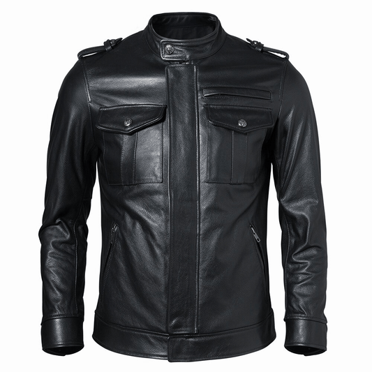Black Biker Genuine Leather Jacket with Pockets / Men's Motorcycle Clothing