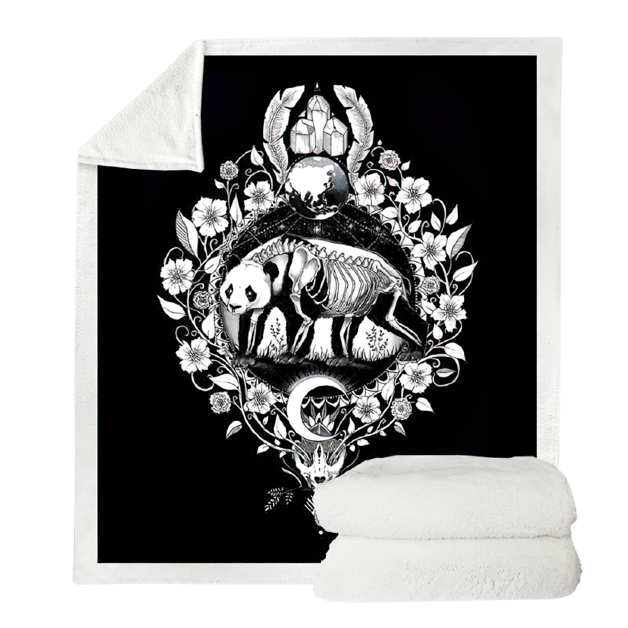 Black Blanket for Sofa with Panda Skeleton Print / Warm Bedspread of Soft Velvet and Sherpa Fleece