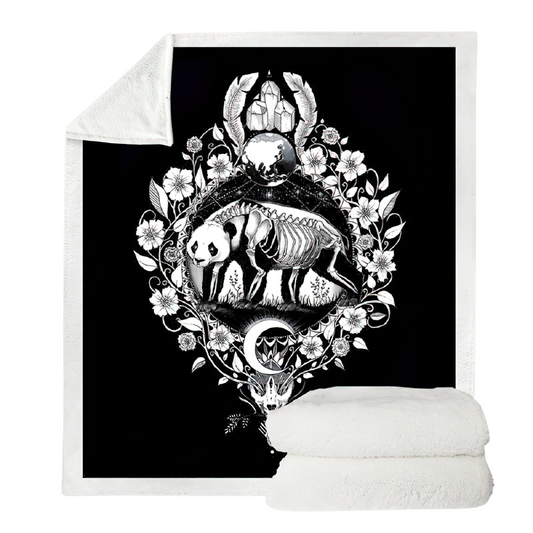 Black Blanket for Sofa with Panda Skeleton Print / Warm Bedspread of Soft Velvet and Sherpa Fleece