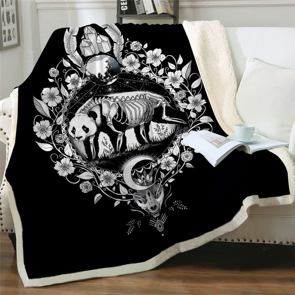 Black Blanket for Sofa with Panda Skeleton Print / Warm Bedspread of Soft Velvet and Sherpa Fleece