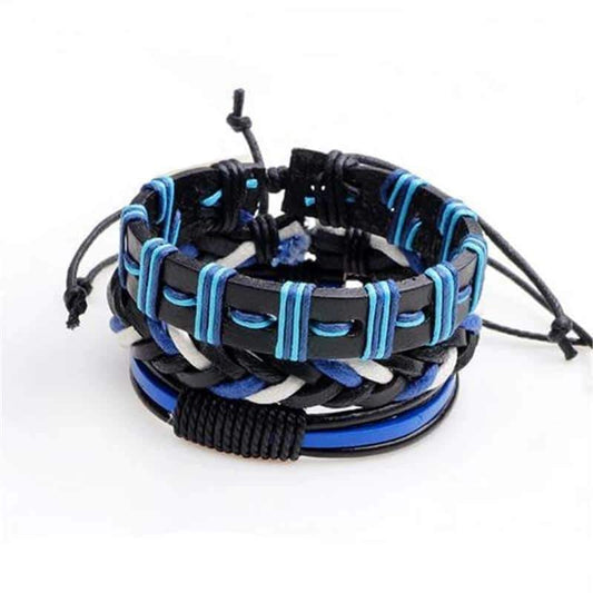 Black & Blue Leather Bracelet in Rock Style & Braided Rope Wristband Set of 3 PCs