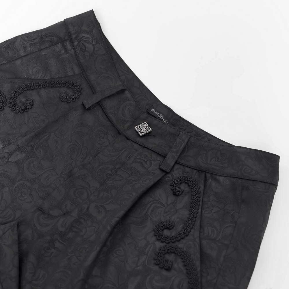 Black Brocade Gothic Pants with Embroidered Details