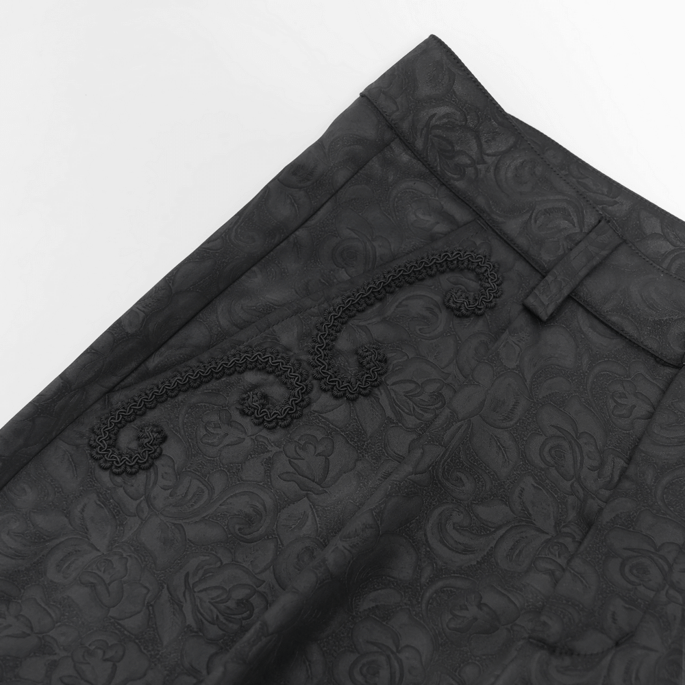 Black Brocade Gothic Pants with Embroidered Details