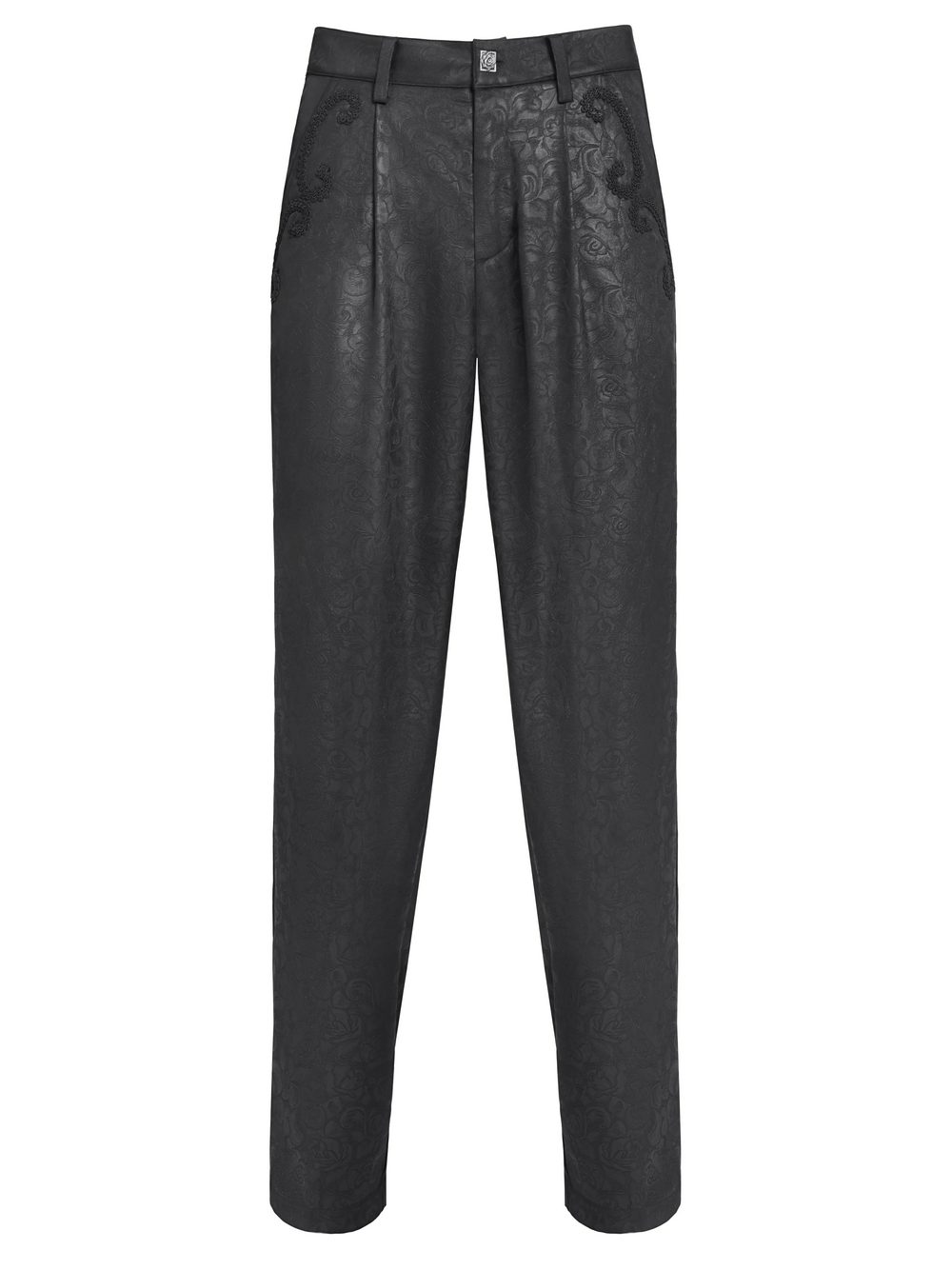 Black Brocade Gothic Pants with Embroidered Details