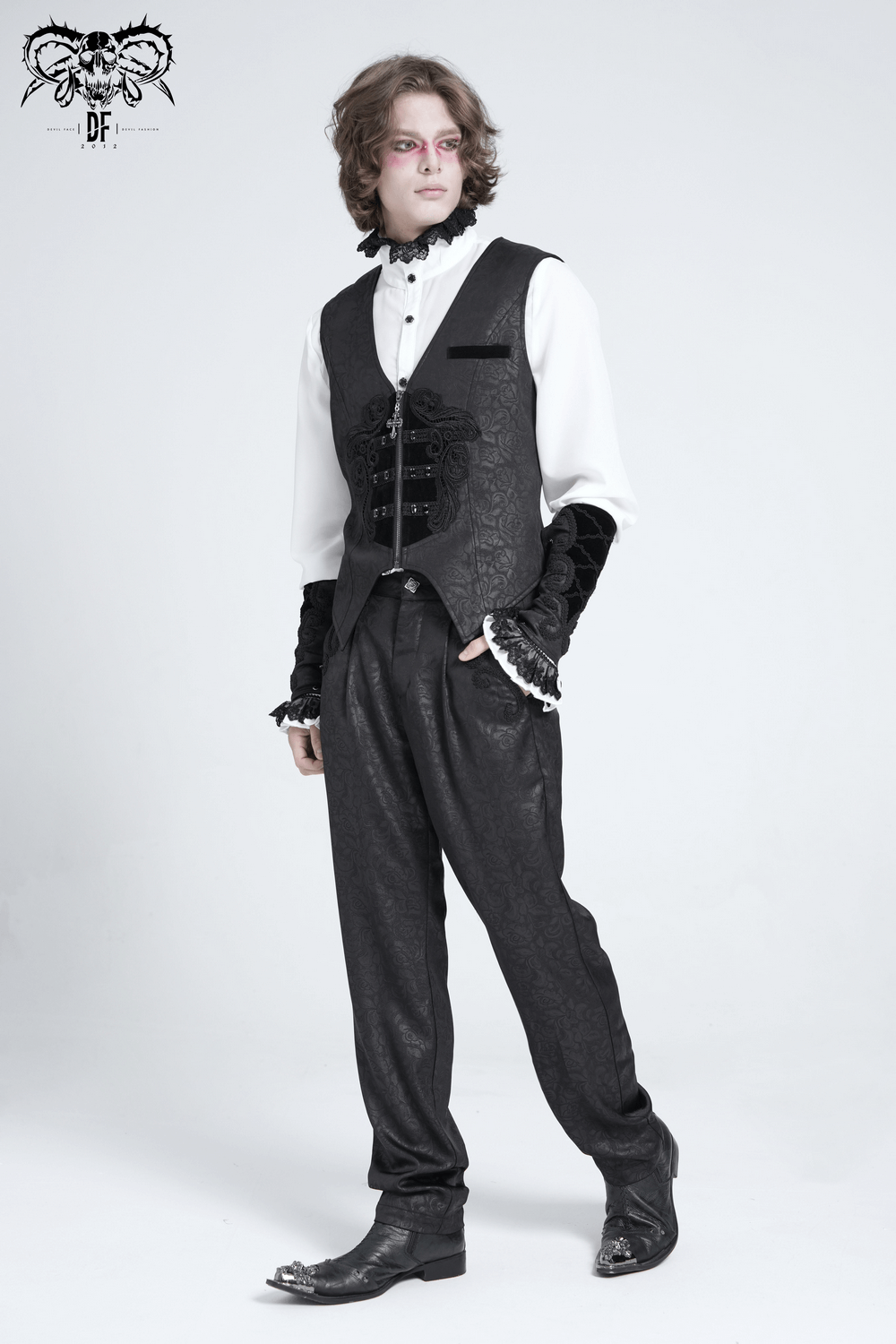 Black Brocade Gothic Pants with Embroidered Details