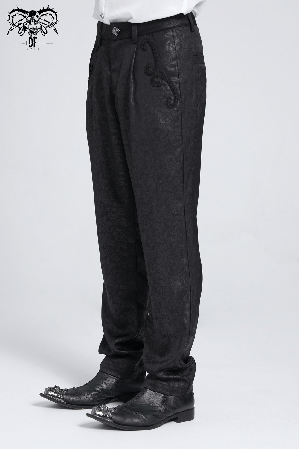 Black Brocade Gothic Pants with Embroidered Details