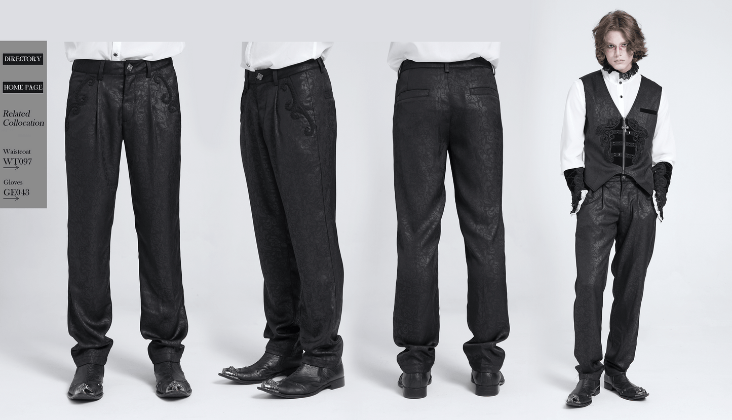 Black Brocade Gothic Pants with Embroidered Details