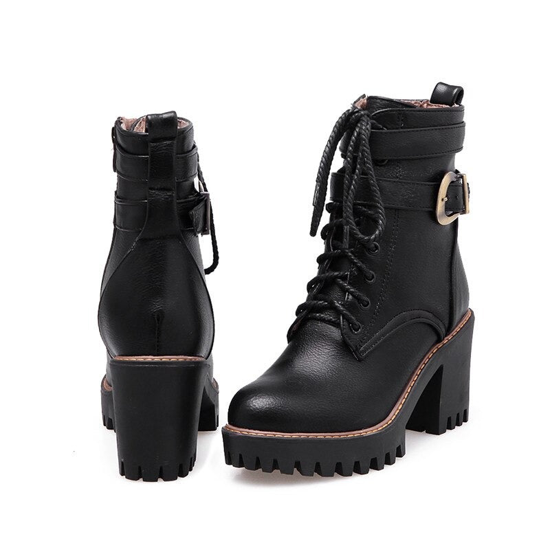 Black, Brown, Wine red Zipper Lace-Up Buckle Ankle Boots