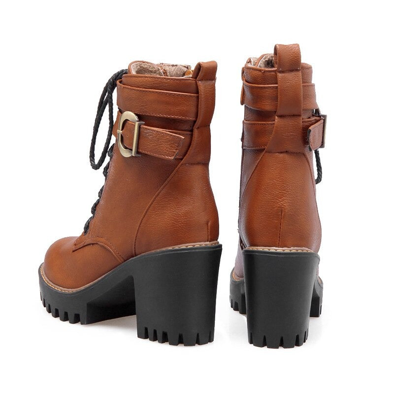 Black, Brown, Wine red Zipper Lace-Up Buckle Ankle Boots