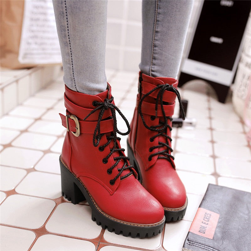Black, Brown, Wine red Zipper Lace-Up Buckle Ankle Boots