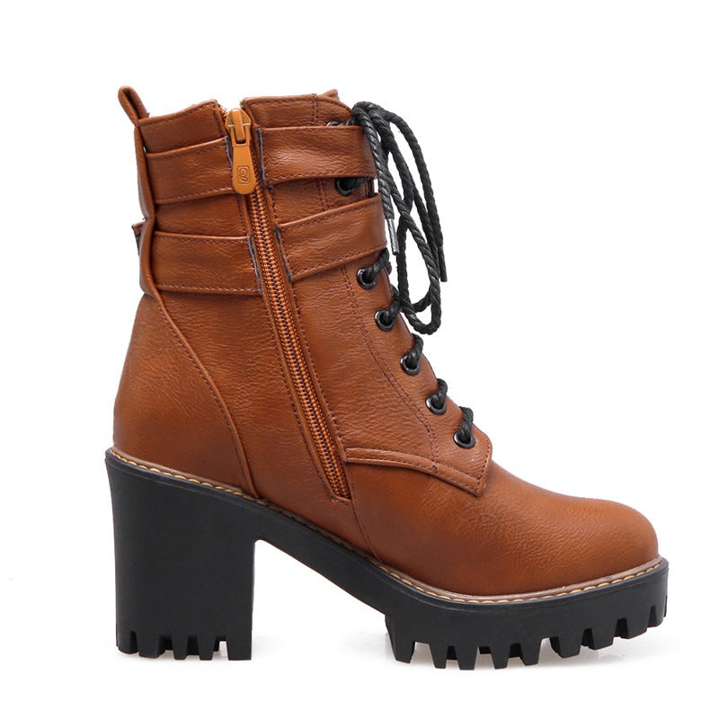 Black, Brown, Wine red Zipper Lace-Up Buckle Ankle Boots