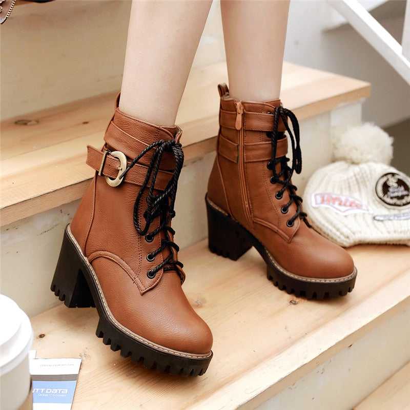 Black, Brown, Wine red Zipper Lace-Up Buckle Ankle Boots