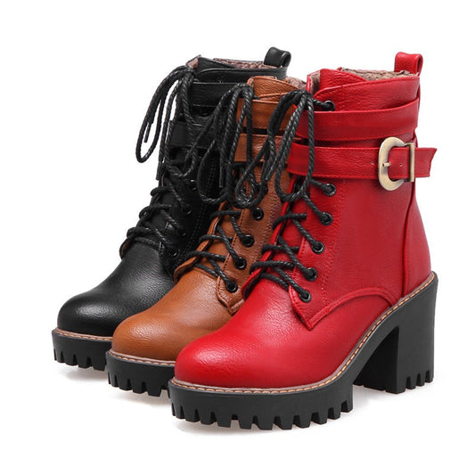 Black, Brown, Wine red Zipper Lace-Up Buckle Ankle Boots