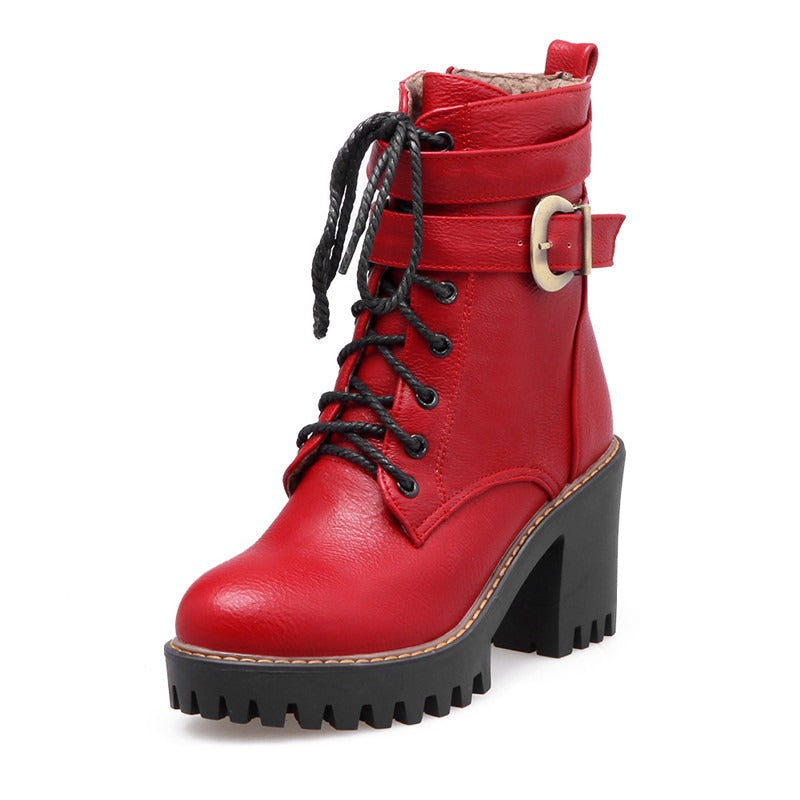Black, Brown, Wine red Zipper Lace-Up Buckle Ankle Boots