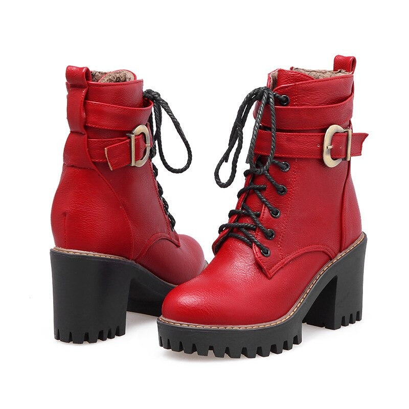 Black, Brown, Wine red Zipper Lace-Up Buckle Ankle Boots