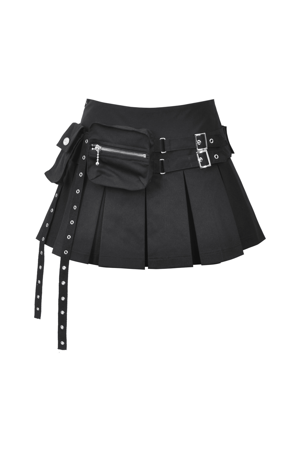 Black Buckle Mini Skirt - Side Zipper Pleated Design