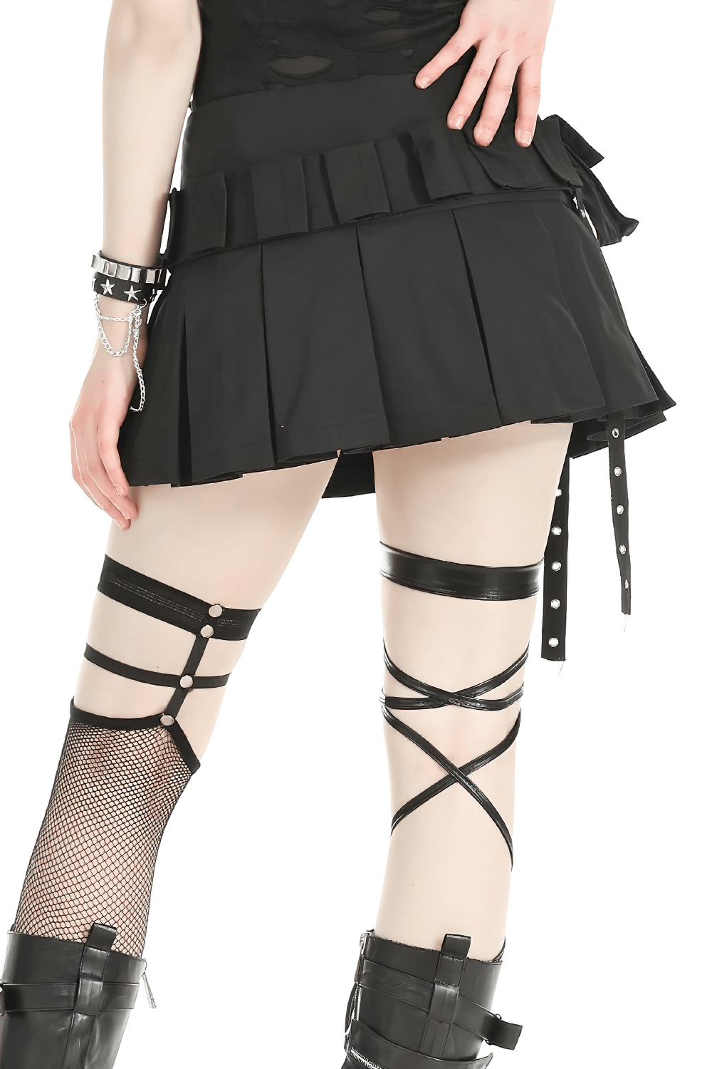 Black Buckle Mini Skirt - Side Zipper Pleated Design