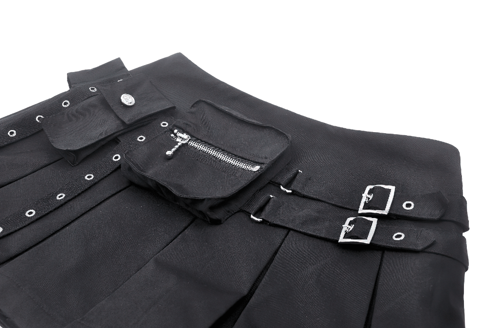 Black Buckle Mini Skirt - Side Zipper Pleated Design