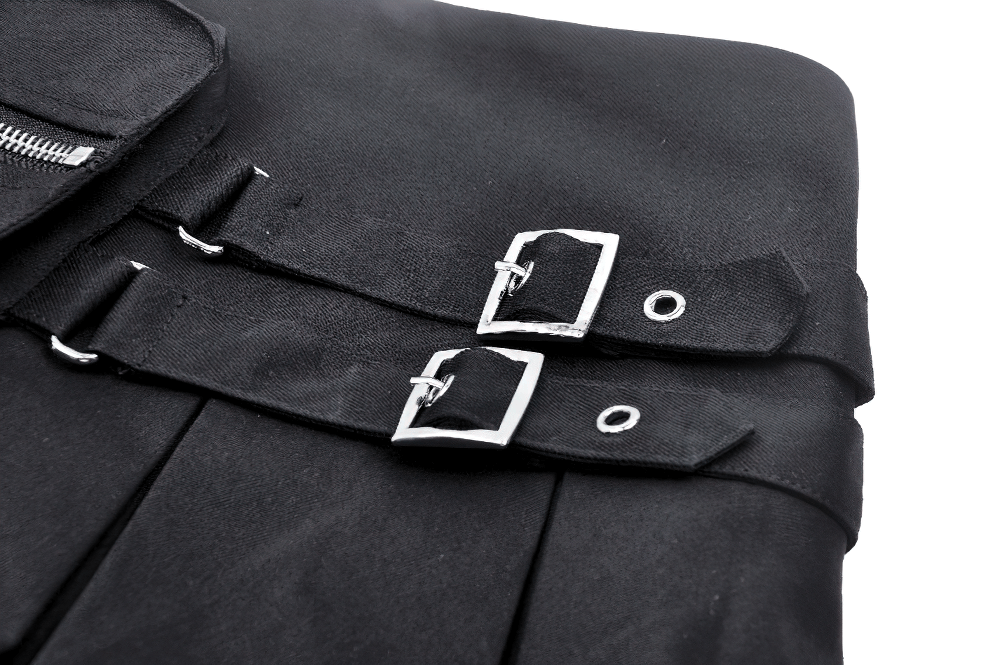 Black Buckle Mini Skirt - Side Zipper Pleated Design