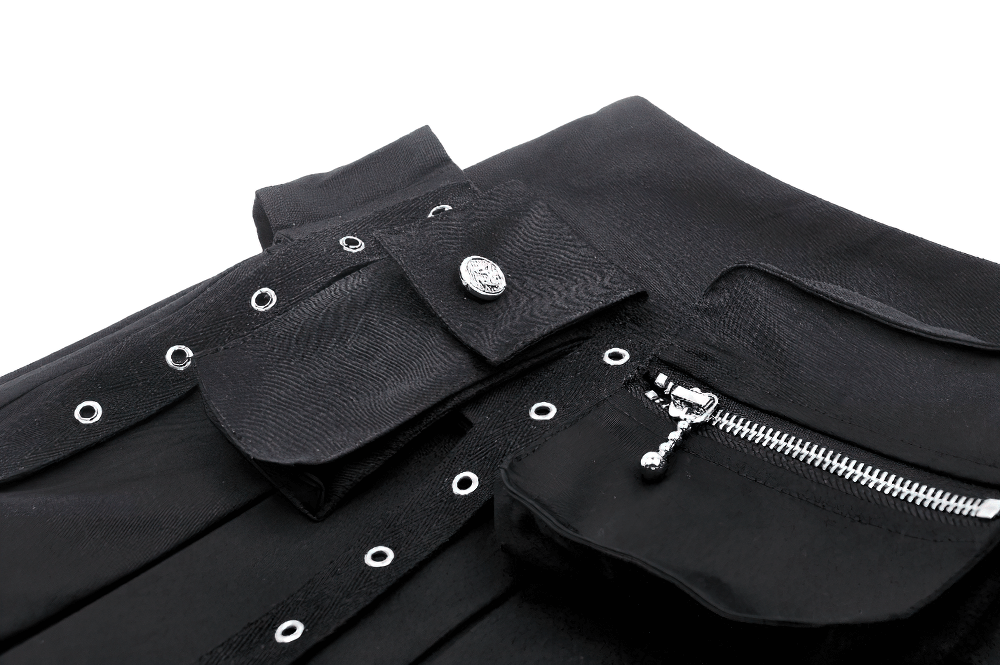 Black Buckle Mini Skirt - Side Zipper Pleated Design