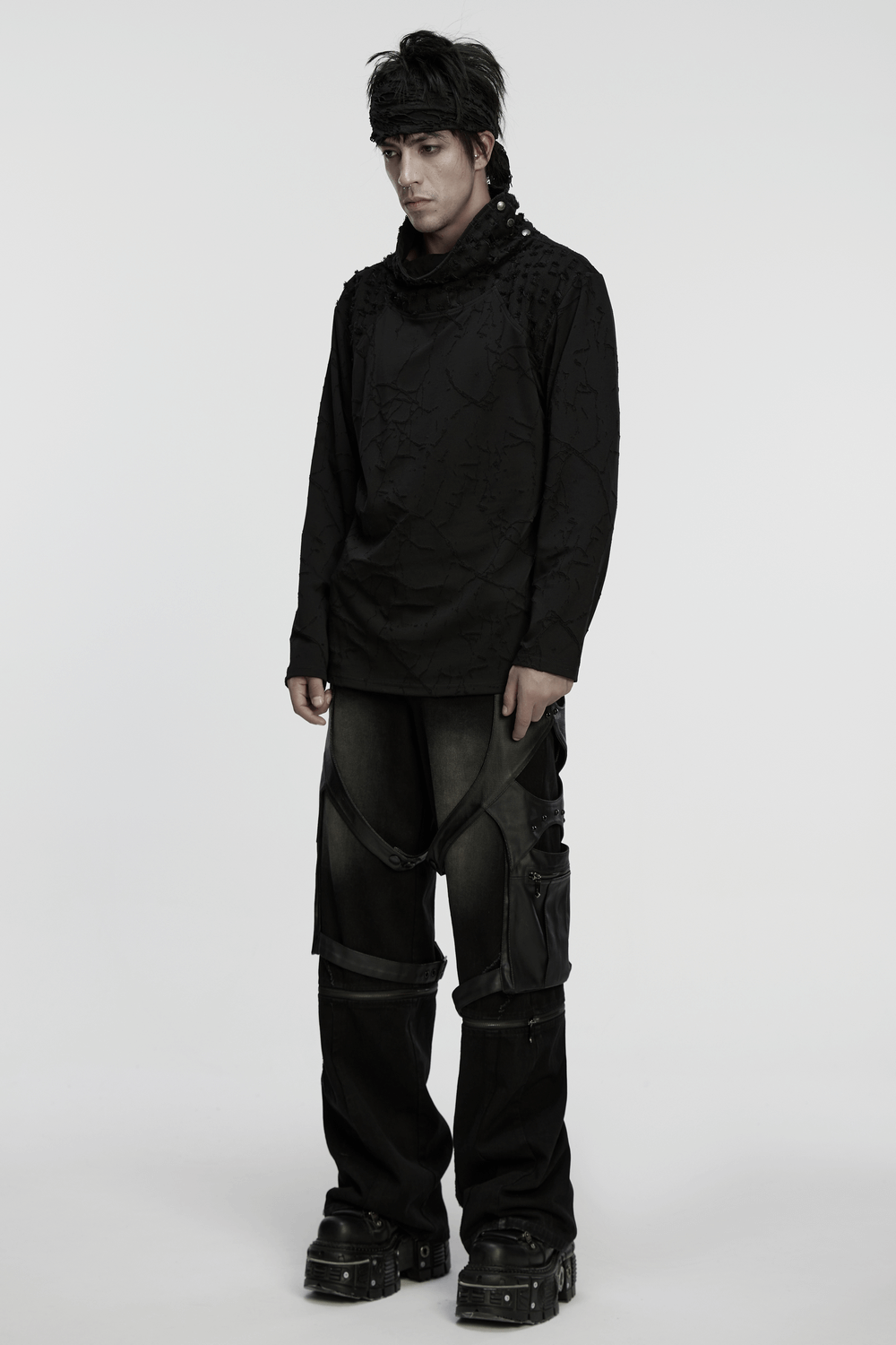 Black Burnout Knit Gothic Top with Stand Collar Design