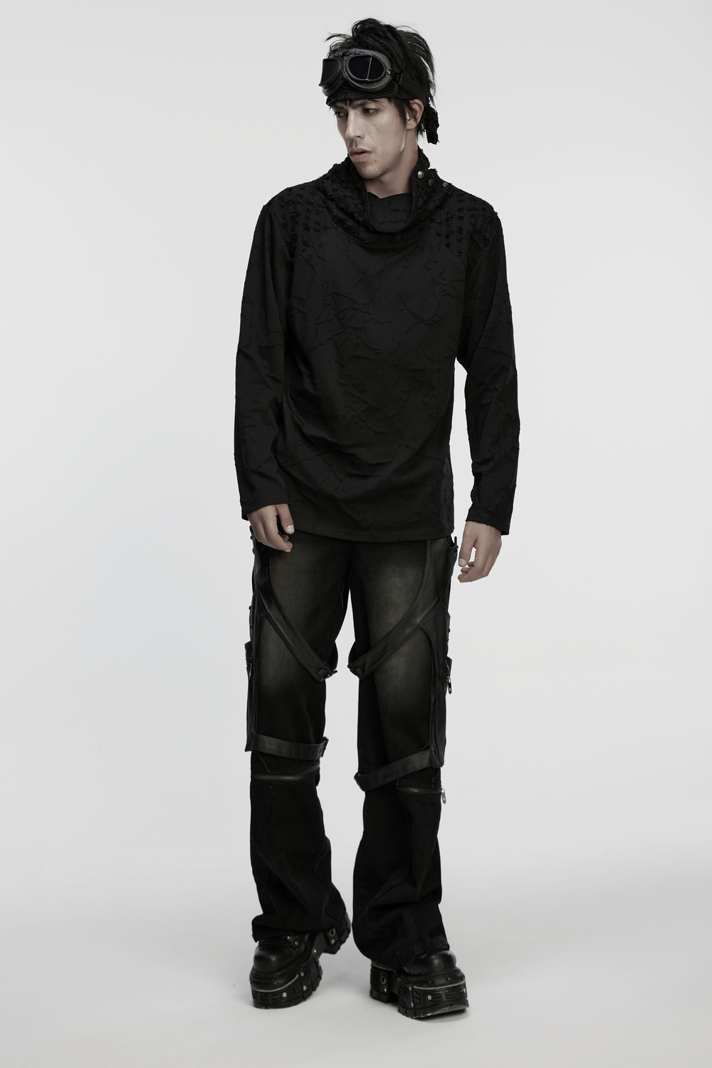 Black Burnout Knit Gothic Top with Stand Collar Design