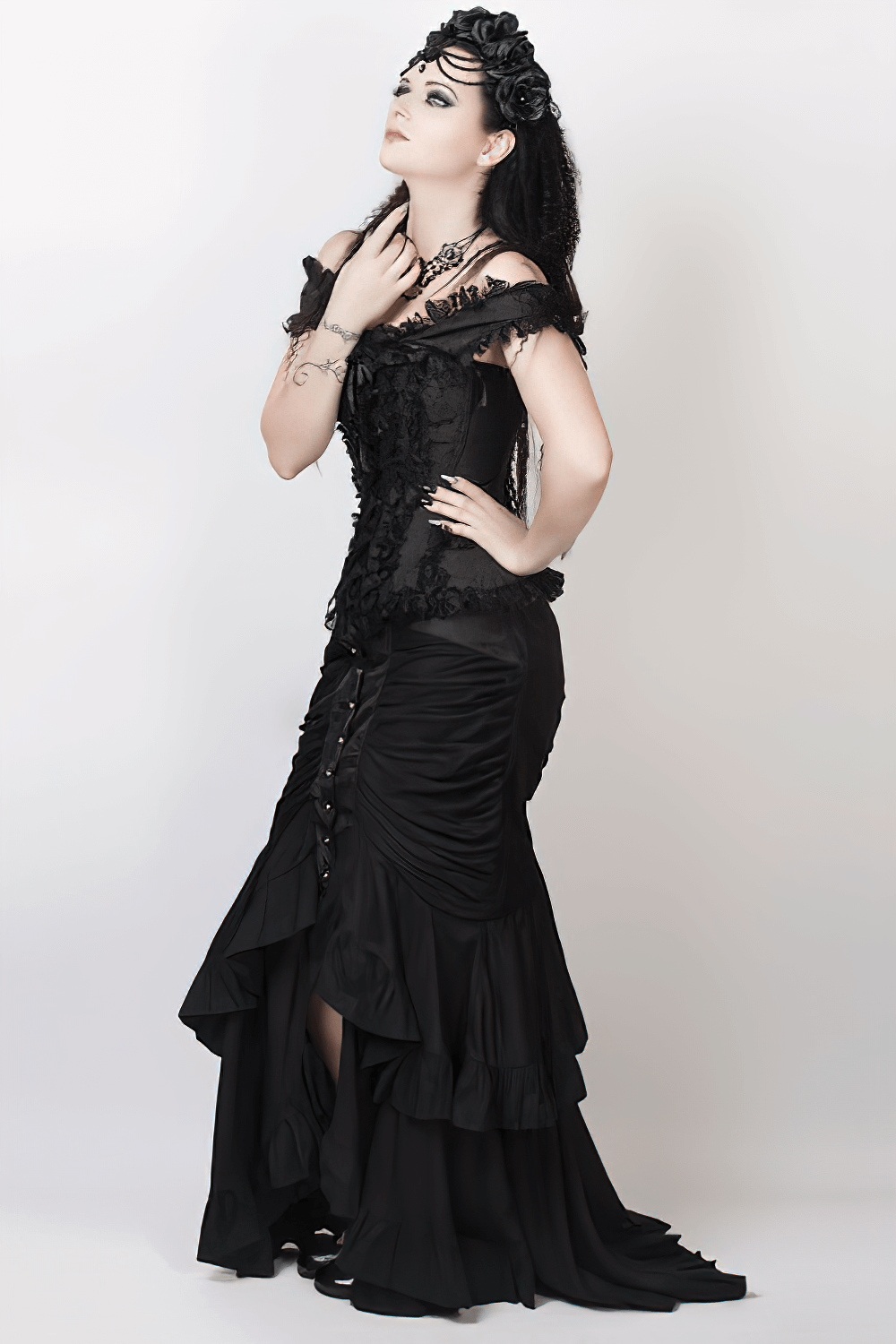 Black Bustle Gothic Skirt With Ruffled Layers And Zipper