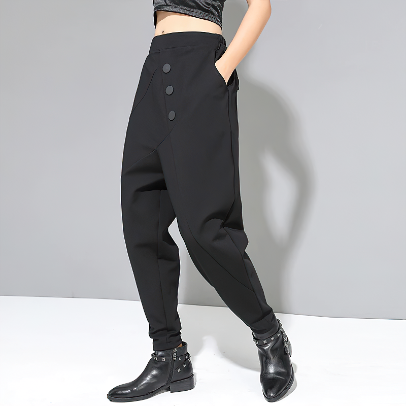Black Button High Waist Women's Pants / Fashion Female Harem Trousers