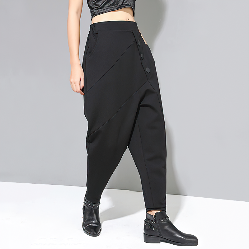 Black Button High Waist Women's Pants / Fashion Female Harem Trousers